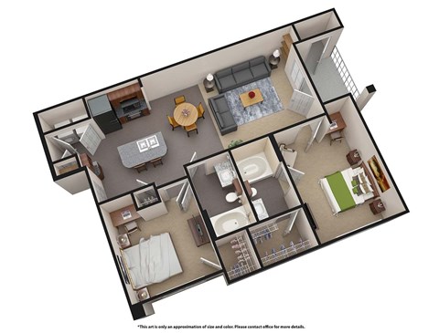 A 3D floor plan of a house with multiple rooms and furniture.